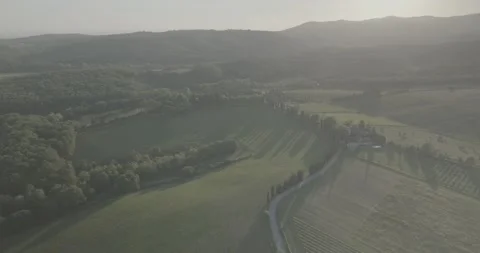 Panoramic Drone Flight Over Tuscan Hills with Sun in Italy Stock-Footage 343932144