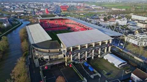 Panoramic drone movement near the red-seated and famous Stade Rennais soccer Stock Footage 301526523