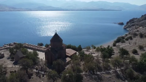 Panoramic drone shot of Akdamar Island, Lake Van, Turkey 4K Drone Stock Footage 169399583