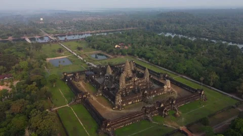 Panoramic drone shot of Angkor Wat temple complex, Siem Reap, Cambodia 4K Stock Footage 237664606
