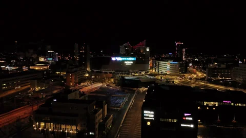 Panoramic drone shot around the Nokia arena, winter night in Tampere, Stock Footage 237930075
