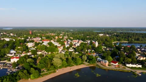 Panoramic drone shot of the beach and old town of Ekenas, summer in Finland Stock Footage 336814920