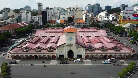 Panoramic drone shot of Ben Thanh Market, Saigon, Vietnam 4K Stock Footage 253472535