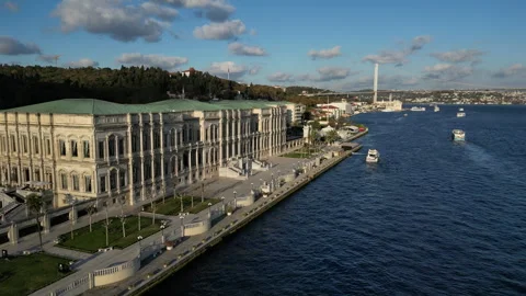 A panoramic drone shot of the Bosphorus with Cırağan Palace 스톡 동영상 296286820