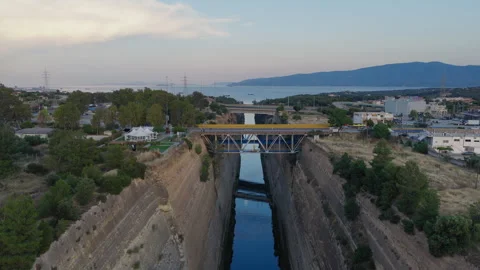 Panoramic drone shot of Corinth Canal, Greece during sunset Stock Footage 341997415