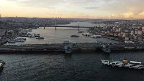 Panoramic drone shot of Galata Bridge and ferry boats in Istanbul, Turkey 4K Stock Footage 167432853