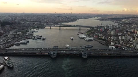 Panoramic drone shot of Galata Bridge, European side of Istanbul, Turkey 4K Stock Footage 167433356