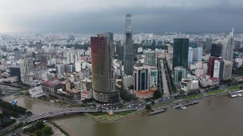 Panoramic drone shot of HCMC, Saigon, Vietnam 4K Stock Footage 254051750