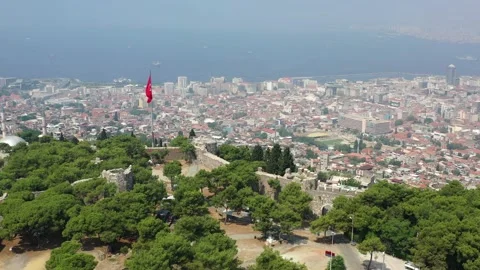 Panoramic Drone Shot of Izmir Bay from Old Castle with Turkish Flag Stock Footage 208029633