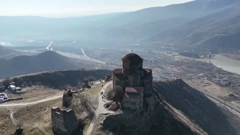 Panoramic Drone Shot of Jvari Monastery in Winter Stock Footage 296236024
