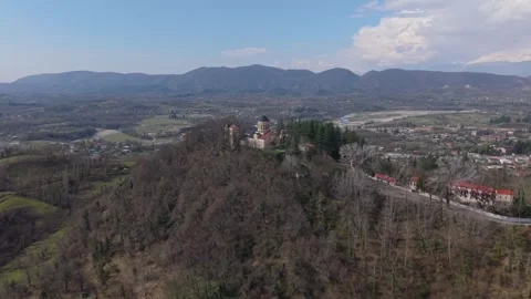 Panoramic Drone Shot of Martvili Monastery Overlooking the River Valley Video stock 340392498