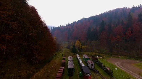 Panoramic drone shot in the mountains over a railway station, autumn forest Vídeo Stock 124077525