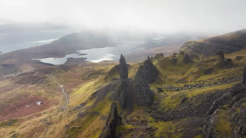 Panoramic drone shot of the Old Man of Storr, Isle of Skye, Scotland Stock Footage 334591586