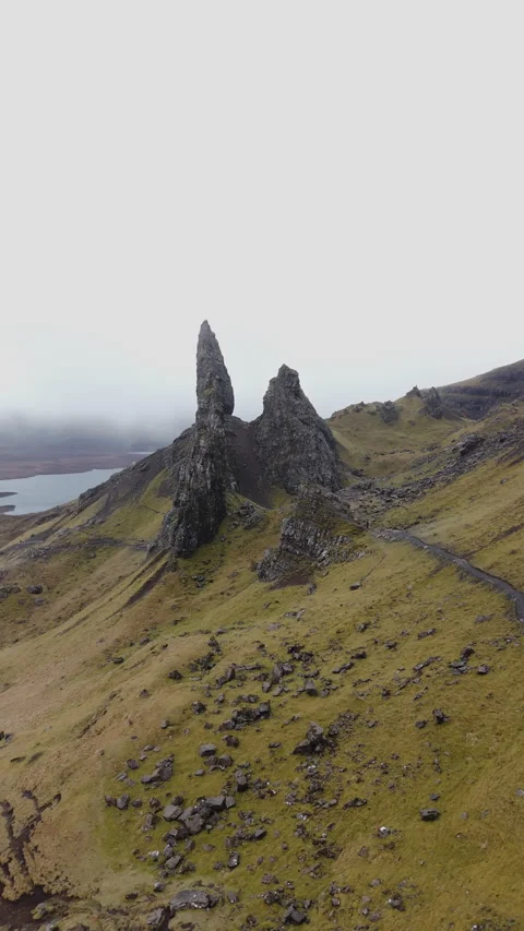 Panoramic drone shot of the Old Man of Storr, Isle of Skye, Scotland Stock Footage 334952838
