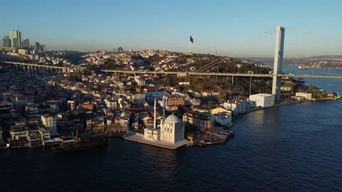 Panoramic drone shot of Ortakoy mosque and the Bosporus, Istanbul, Turkey 4K Stock Footage 166699859