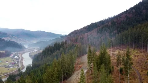 Panoramic Drone Shot Over A River Near Forrest Village Stock Footage 143636408