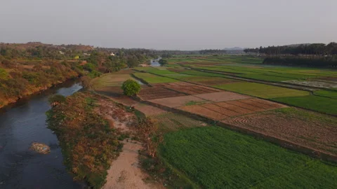 Panoramic drone shot of river and farms in rural India Stock Footage 305260714