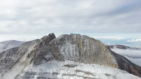 Panoramic drone shot of the Throne of Zeus and Mytikas Peak with fresh snow in Stock Footage 331240261