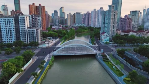 Panoramic Drone Shot of Urban River and Buildings at Dawn Shanghai China Stock Footage 346335465