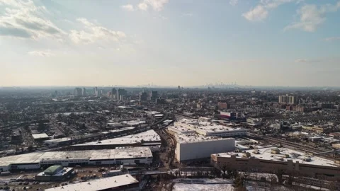 Panoramic Drone Turn Over Queens Warehouses and Railway Tracks Stock Footage 345615030