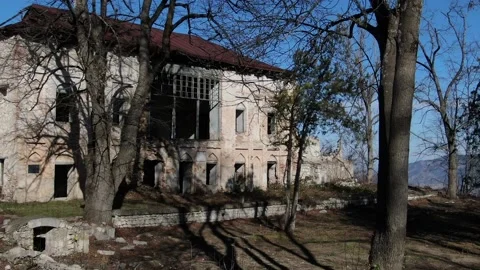 Panoramic Drone view Abandoned Destroyed Apartment Building in Shusha Karabakh Stock Footage 239820382