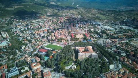 Panoramic drone view of Abruzzo, Historic Place, L'Aquila, Italy Stock Photos