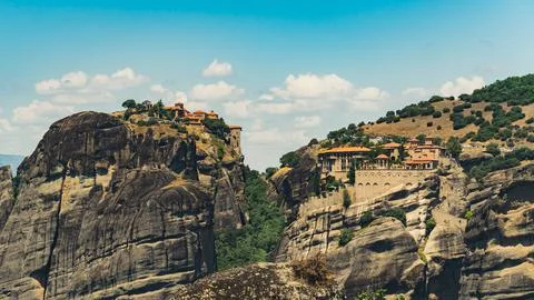 Panoramic drone view of beautiful Orthodox Monasteries placed in Meteora, Greece Stock Photos