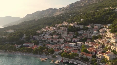 Panoramic Drone View of Brela Village and Adriatic Coast in Summer Stock Footage 314610011
