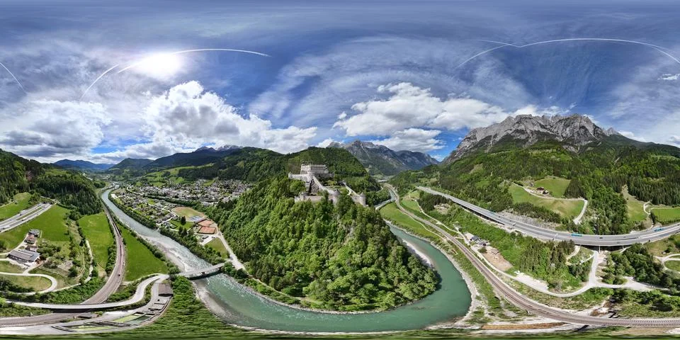 Panoramic Drone View of Burg Hohenwerfen and Alpine Valley Stock Photos