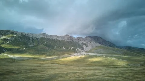 Panoramic drone view of Campo Imperatore, Central Italy, coastal panorama Stock Photos