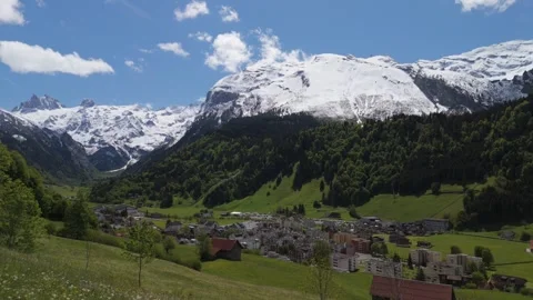 Panoramic Drone View of Engelberg Valley and Swiss Alps Stock Footage 336815009