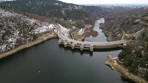 Panoramic drone view of The Grangent dam on the Loire river. Stock-Footage 233638913