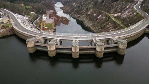 Panoramic drone view of The Grangent dam on the Loire river. Stock-Footage 233639372