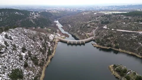 Panoramic drone view of The Grangent dam on the Loire river. Stock-Footage 233639713