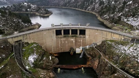 Panoramic drone view of The Grangent dam on the Loire river. Stock-Footage 233640143