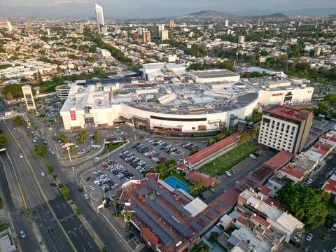 Panoramic drone view of La Gran Plaza mall and Vallarta Avenue in Guadalajara Stock Photos