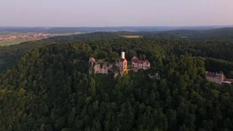 Panoramic drone view of Lichtenstein Castle in southern Germany. Romantic 19th Stock-Footage 315682193