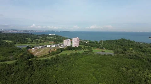Panoramic Drone View of Lush Tropical Coastline Featuring Modern Waterfront Stock Footage 325201561
