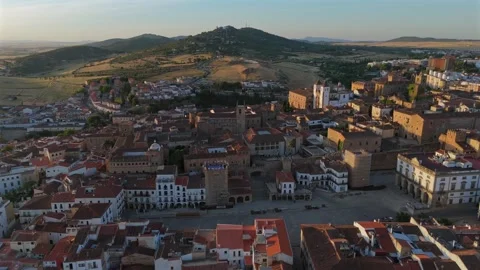 Panoramic drone view of the main square and medieval core of Caceres Spain Stock-Footage 342321343