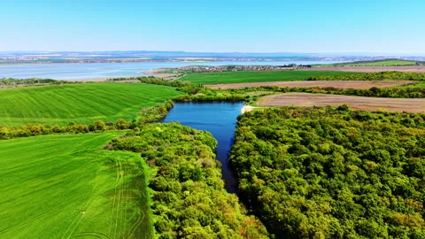 Panoramic drone view of Mandra Lake body surrounded by green fields Video stock 335693931