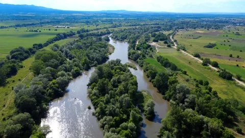Panoramic drone view of the Maritsa River near Svilengrad, Bulgaria. Stock Footage 311043334