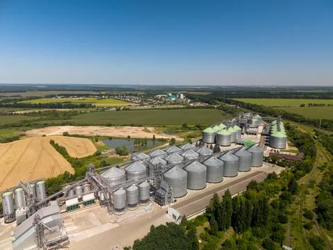 Panoramic Drone View of Massive Agroindustrial Silo Storage Terminal Complex Photos
