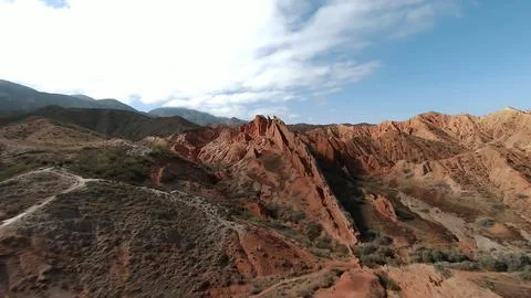 Panoramic drone view of nature landscape with mountains and forest 스톡 사진
