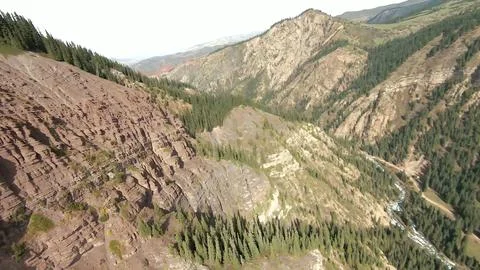 Panoramic drone view of nature landscape with mountains and forest Photos