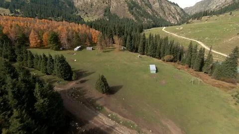Panoramic drone view of nature landscape with mountains and forest Фото
