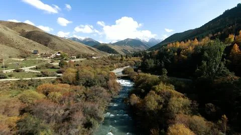 Panoramic drone view of nature landscape with mountains and forest Stock Photos