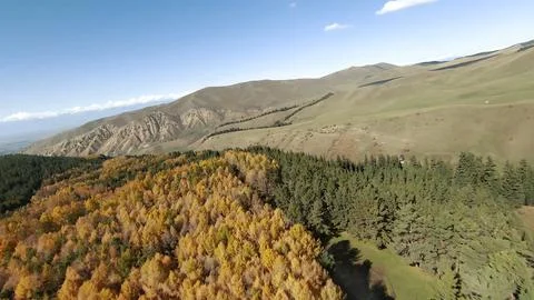 Panoramic drone view of nature landscape with mountains and forest Fotos Stock