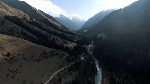 Panoramic drone view of nature landscape with mountains and forest Fotos Stock