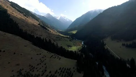 Panoramic drone view of nature landscape with mountains and forest Stockfoto's