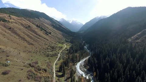 Panoramic drone view of nature landscape with mountains and forest 스톡 사진